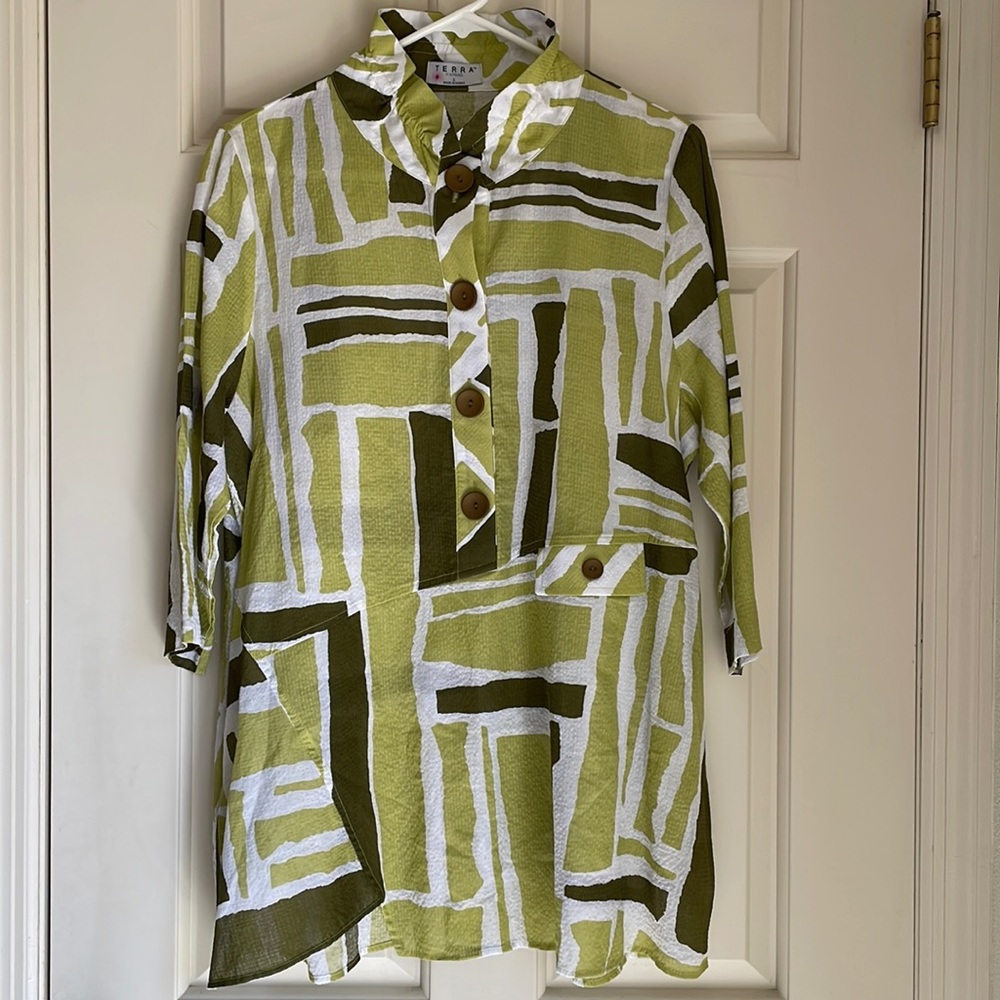 Colorful,abstract designed tunic, size L. Purchased in California boutique.